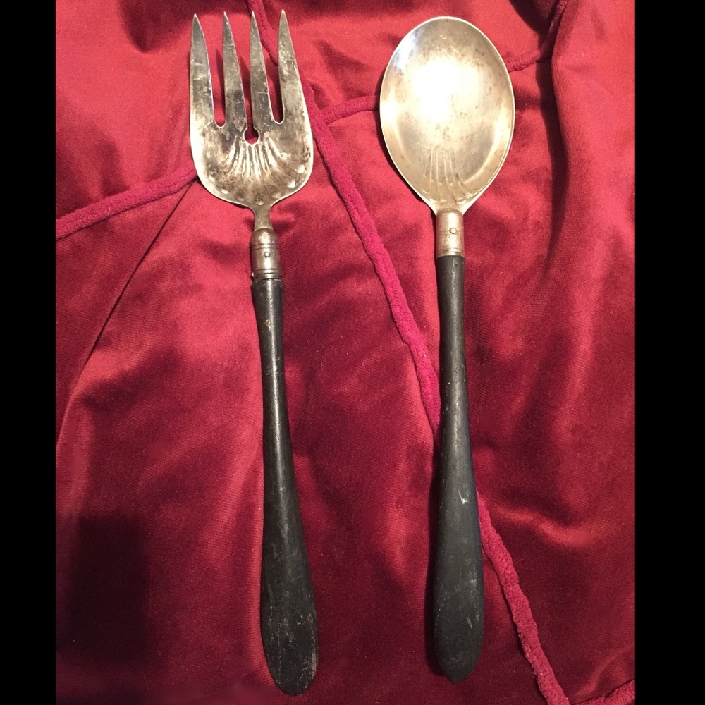 Antique Manning Bowman marked salad serving set spoon fork wood handle